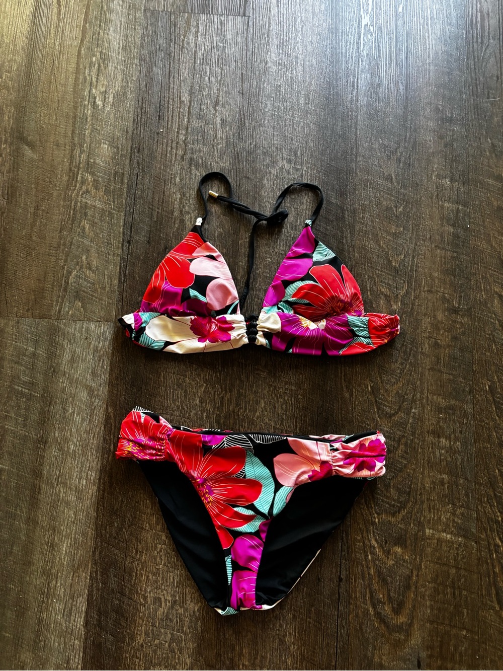 Source Unknown Floral Bikini Set in Red, Pink, Green, Black